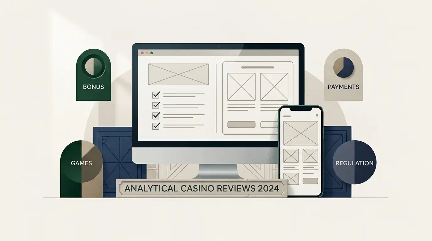 Editorial illustration of a UK online casino decision checklist on desktop and mobile devices