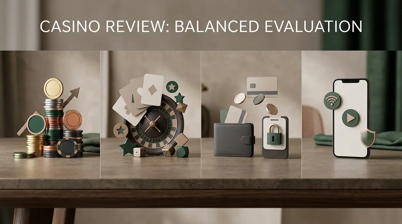 Editorial illustration comparing bonus, games, payments and mobile casino decision factors