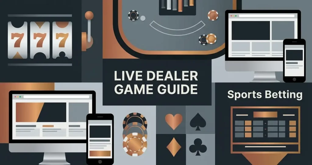 Editorial illustration showing slot reels, live dealer tables and sportsbook categories on connected screens