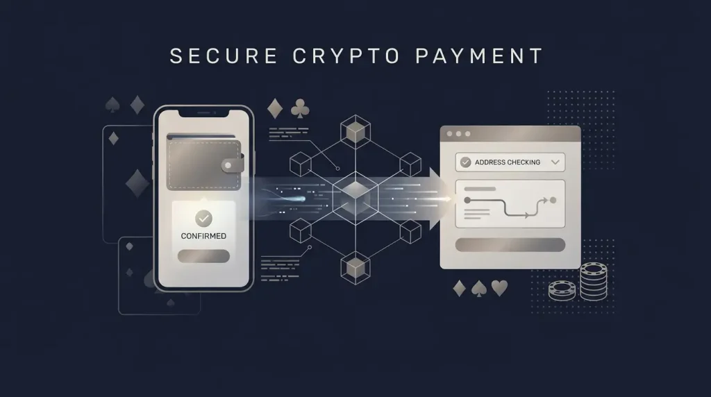 Editorial illustration of a crypto wallet connected to an online casino payment flow