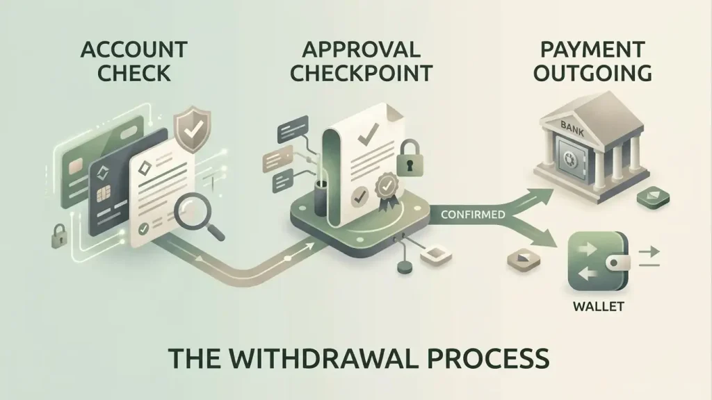 Editorial illustration of a withdrawal request moving through account checks and payment routing
