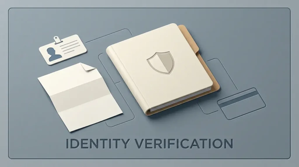 Editorial illustration of identity verification concepts with a document, shield and checklist, without a real Lucki KYC screen