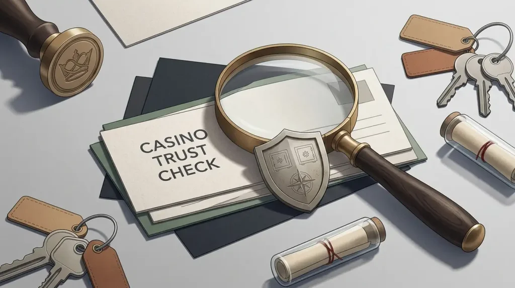 Editorial illustration of a casino safety assessment with shield, evidence cards and UK context, without a real Lucki interface