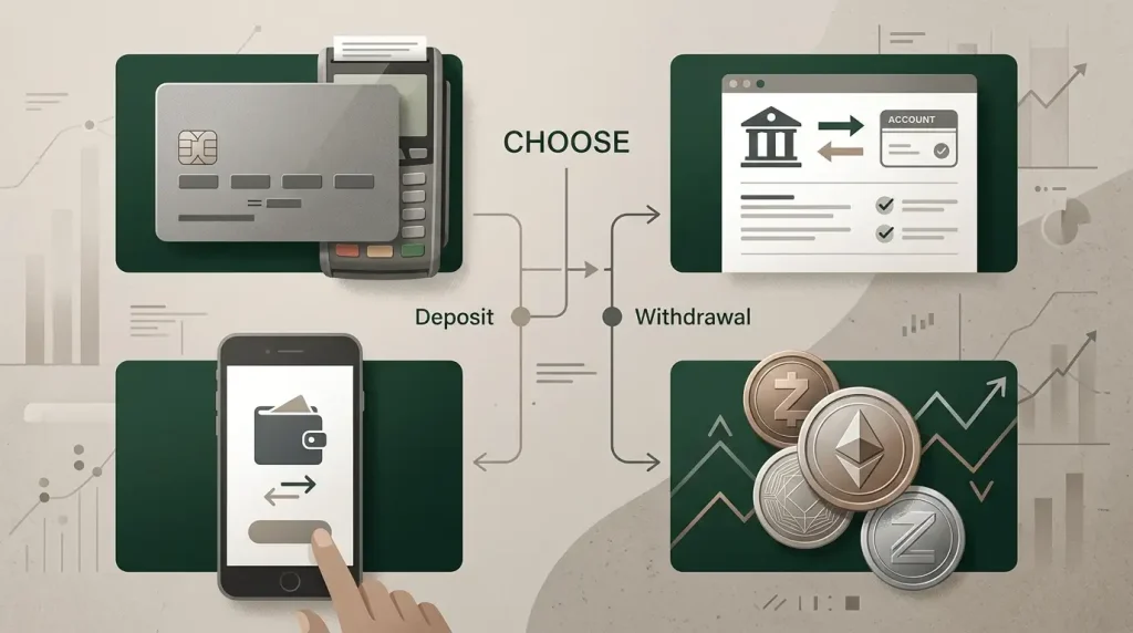 Editorial illustration comparing card, bank, e-wallet and cryptocurrency payment categories