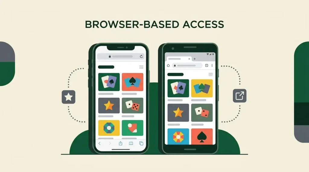 Editorial illustration of a generic smartphone browser showing casino categories without a real Lucki interface or logo