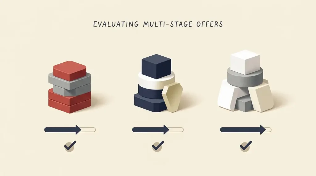 Editorial illustration of a three-stage casino welcome bonus comparison for UK players