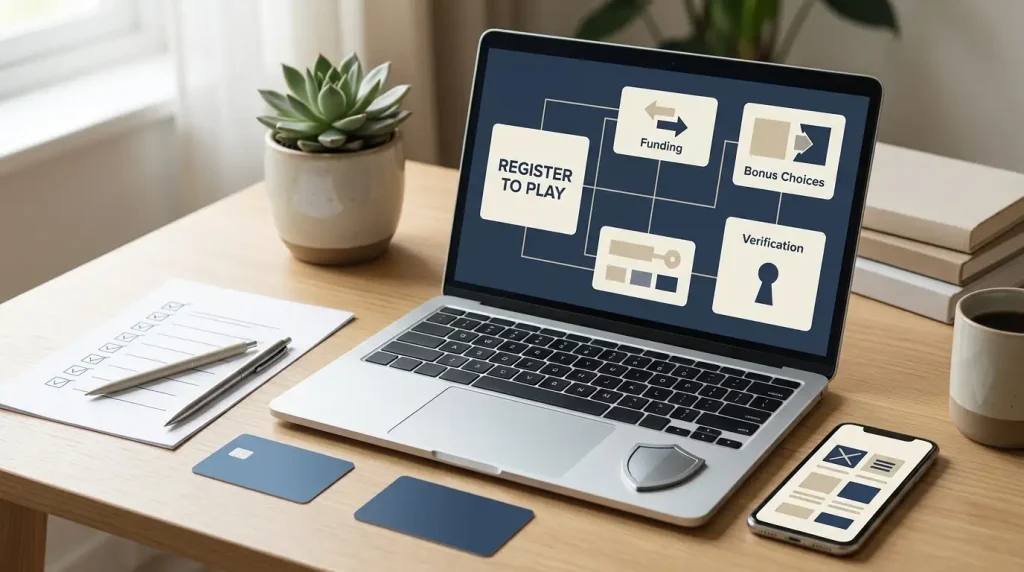 Editorial illustration of a generic account setup checklist beside a laptop and mobile phone, with no real Lucki interface