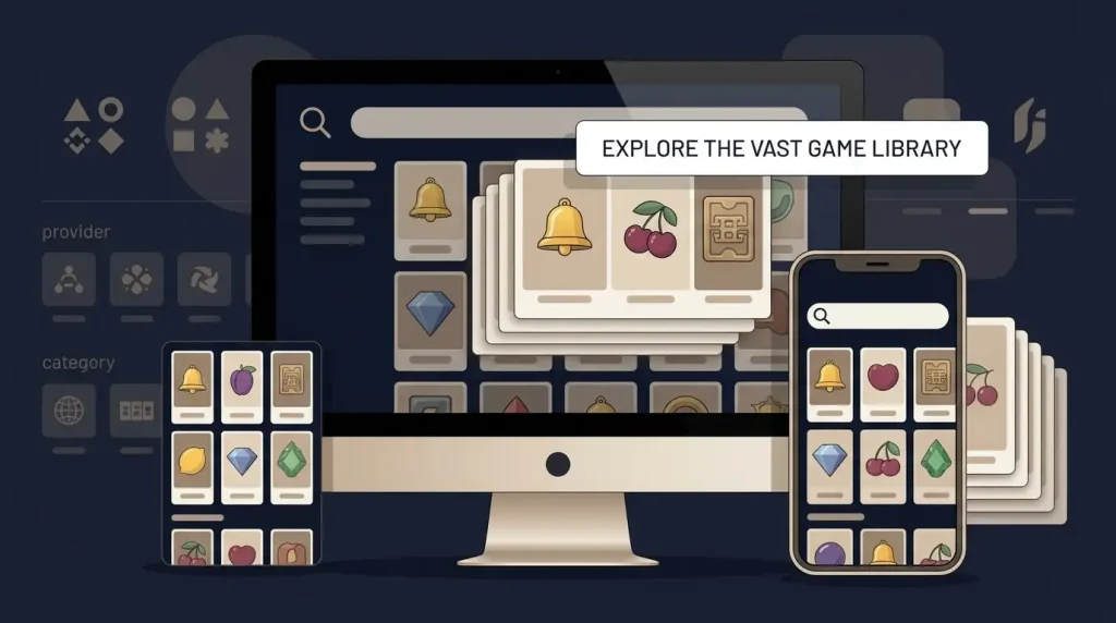 Editorial illustration of a varied online slot library displayed across desktop and mobile screens