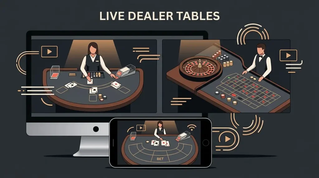 Editorial illustration of live blackjack roulette and baccarat tables shown on connected screens