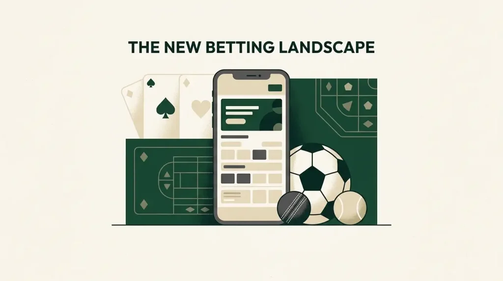Editorial illustration combining football cricket tennis and a mobile betting slip without real brand interface elements